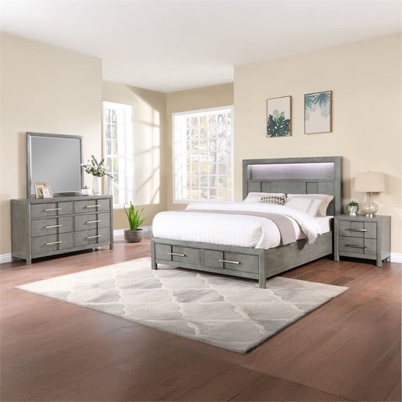 King 5PC Modern Style Storage Bedroom Set Made with Wood in Gray