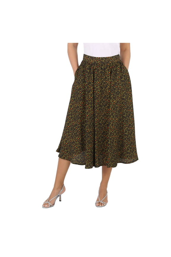 Ladies Khaki Ditsy Floral Print Midi Skirt, Brand Size 34 (US Size 2)