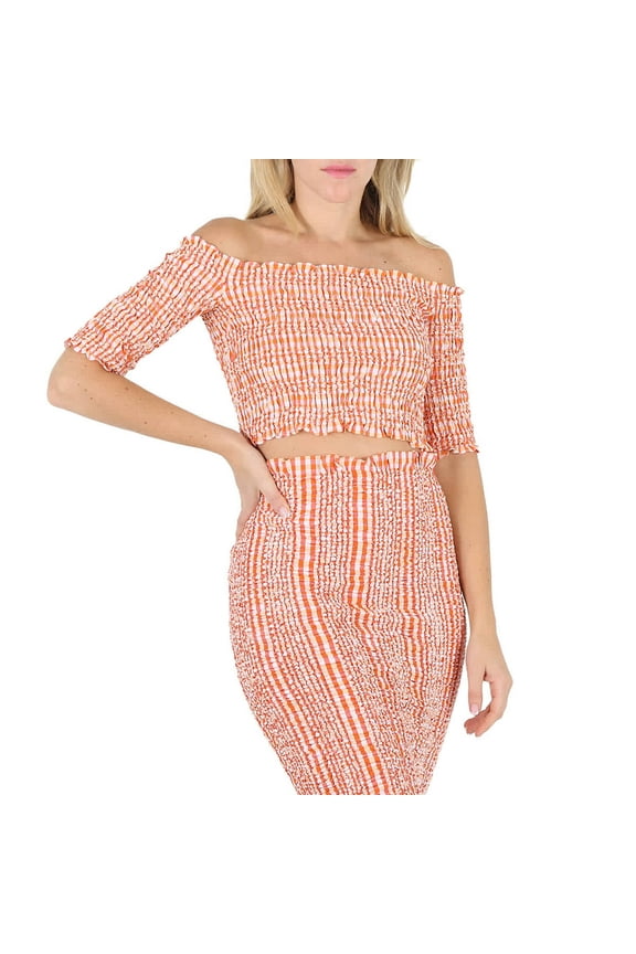 Ladies Medium Orange Wavy Vichy Gingham Smocked Crop Top, Size Large