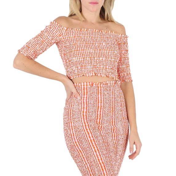 Kenzo Ladies Medium Orange Wavy Vichy Gingham Smocked Crop Top, Size Large