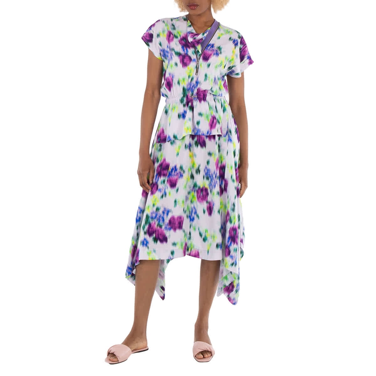 Kenzo Ladies Wisteria Asymmetric Dress With Blurred Floral Print Brand Size 34 US Size 2