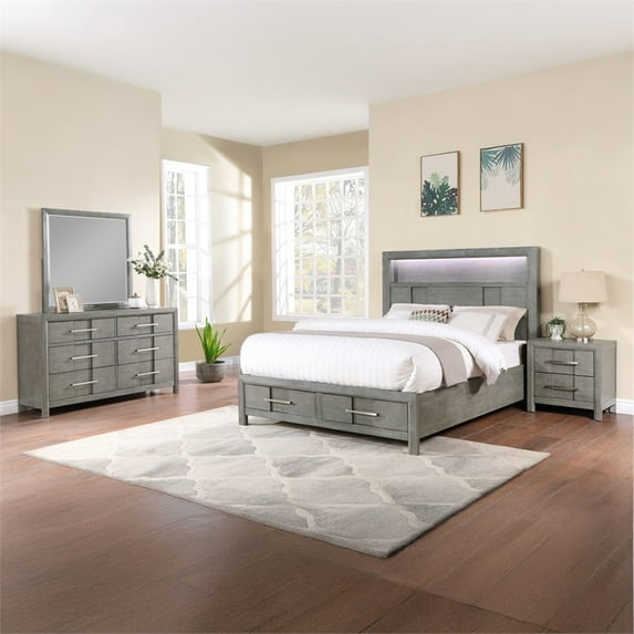 Queen 5PC Modern Style Storage Bedroom Set Made with Wood in Gray