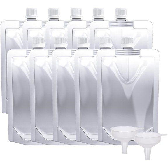 CEYAZYE Plastic Flasks - Reusable Drink Bags, Leak-Proof, BPA-Free for Travel, Outdoor Sports, Concerts, Events (8OZ - 10PCS + 2 Funnels)
