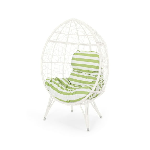 Keondre Indoor Wicker Teardrop Chair with Cushion, White and Green