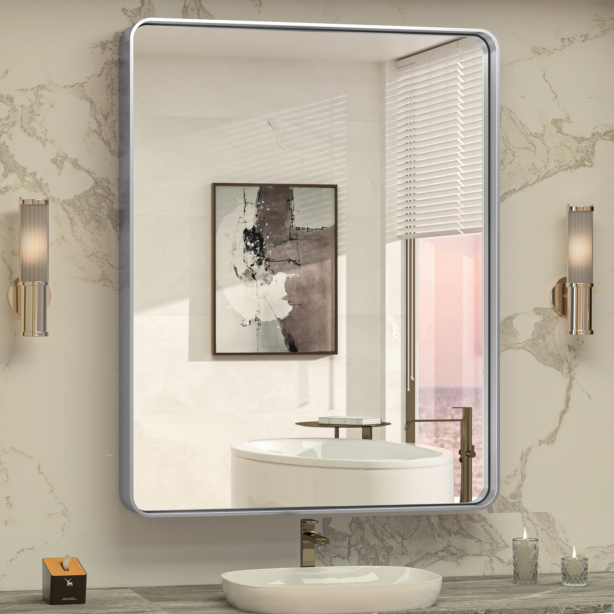 Keonjinn 30 X 36 Inch Brushed Nickel Bathroom Mirror, Silver Metal ...