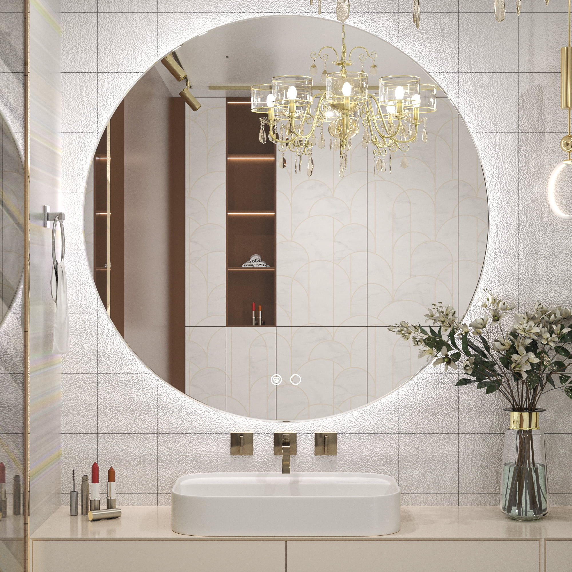 Keonjinn 36'' Dimmable LED Vanity Mirror, Round Backlit, Adjustable 3Color Lights, AntiFog