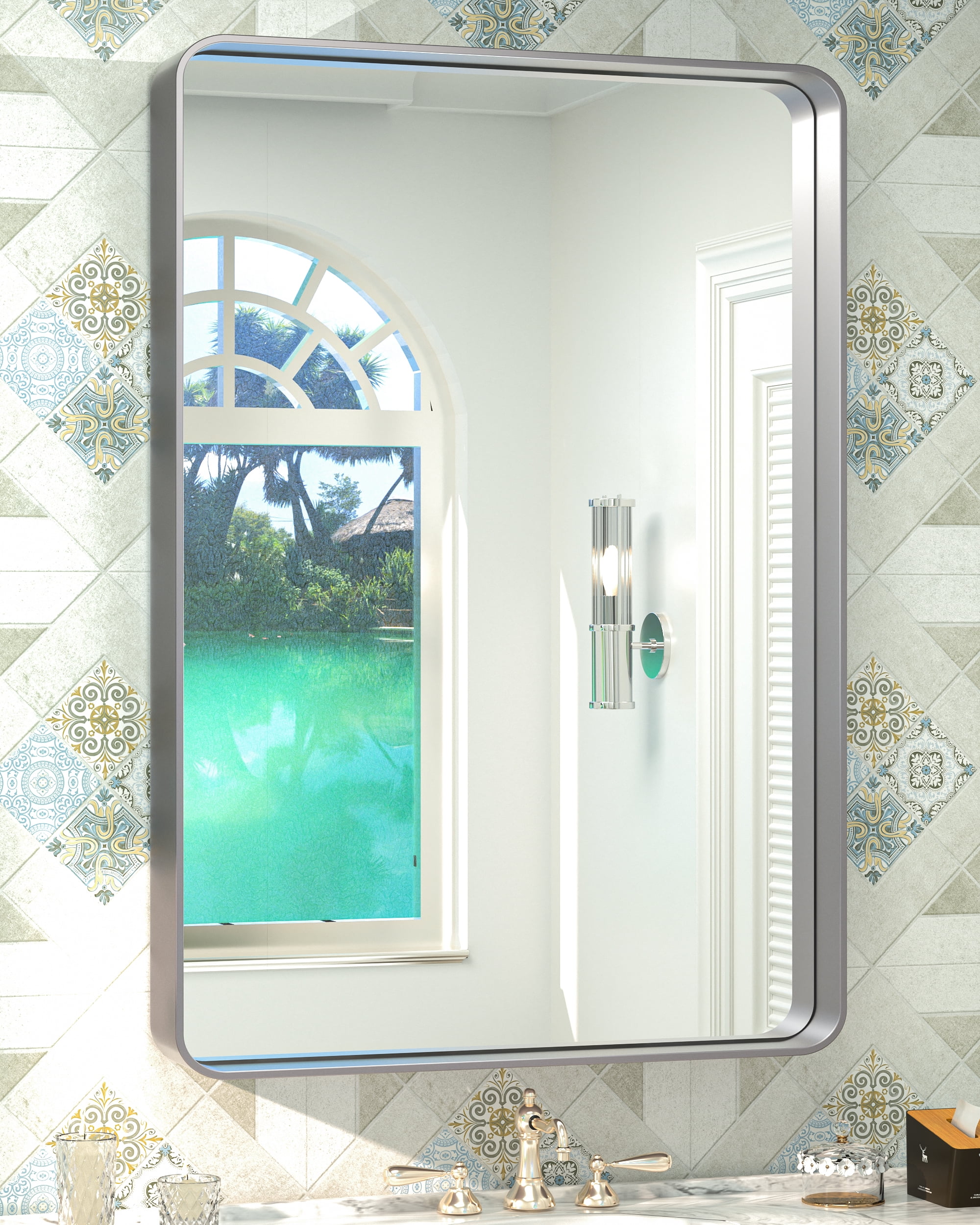 Keonjinn 36 x 24 inch Brushed Nickel Bathroom Mirror for Wall, Silver