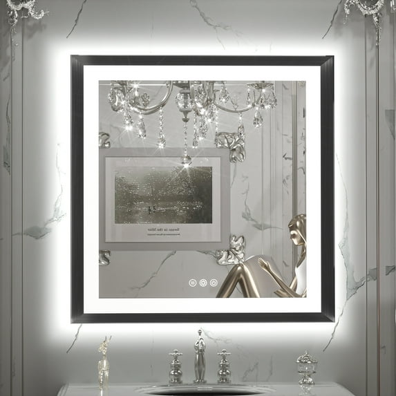 Keonjinn 36x36 inch LED Vanity Mirror with Lights Black Metal Framed Frontlit & Backlit Bathroom Mirror Baroque Gothic Antifog Stepless Dimmable White/Warm/Natural, Rectangle Wall Mounted