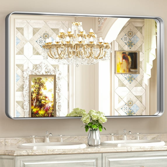 Keonjinn 48 x 30 inch Brushed Nickel Bathroom Mirror for Wall Brushed Silver Metal Frame Rounded Corner Rectangle Wall Mount Mirror Horizontal or Vertical