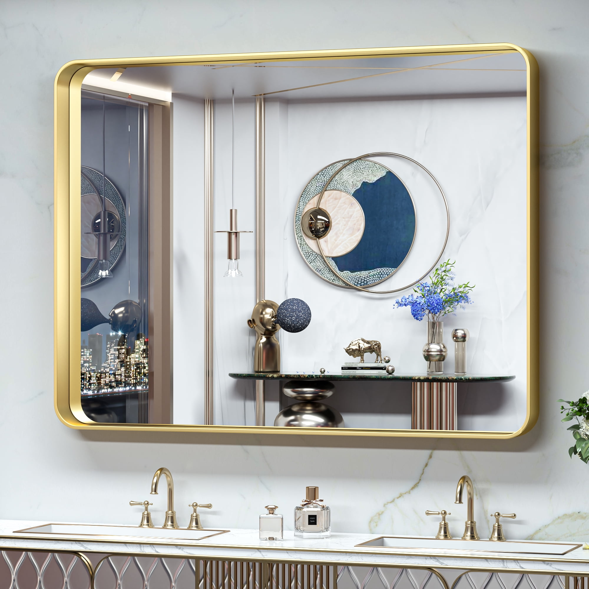 Keonjinn 48 x 36 inch Brushed Gold Bathroom Vanity Mirror with Non