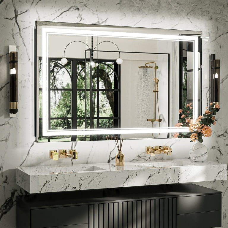 Keonjinn 48x30 inch Bathroom LED Mirror Front Light Backlit Vanity Mirror with Double Light Strip 3 Colors CRI 90 Anti Fog Memory Funtion Rectangle