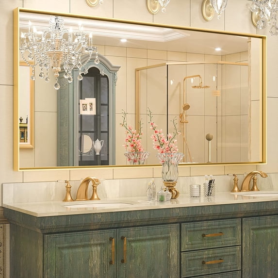 Keonjinn 60” x 30” Brushed Gold Bathroom Mirror Metal Framed Rectangular Vanity Mirror Large Modern Wall-Mounted Bathroom Mirror(Horizontal/Vertical)