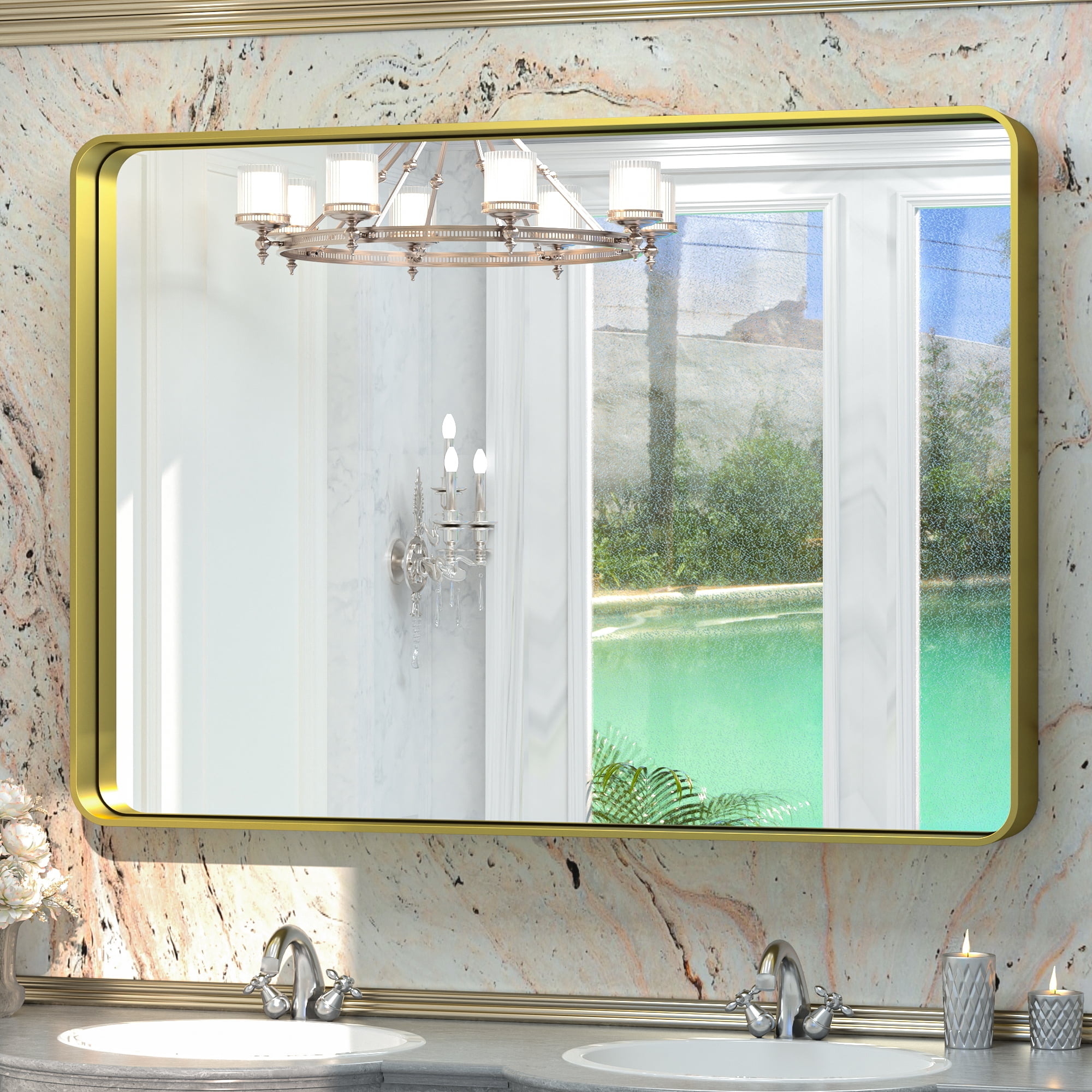 Keonjinn 60 x 30 inch Brushed Gold Bathroom Mirror Brass Golde Vanity