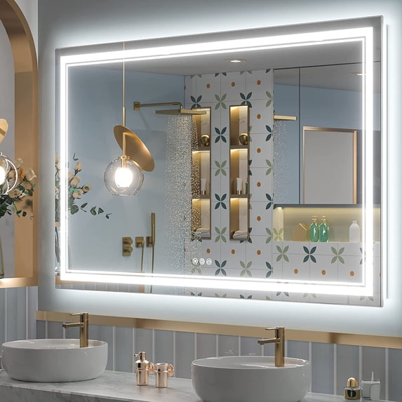 Keonjinn 60'' x 36'' LED Bathroom Mirror with Frontlit and Backlit, Stepless 3 Colors Temperature & Dimmable LED Wall Mirror, Modern Rectangle Anti-fog Frameless LED Mirror