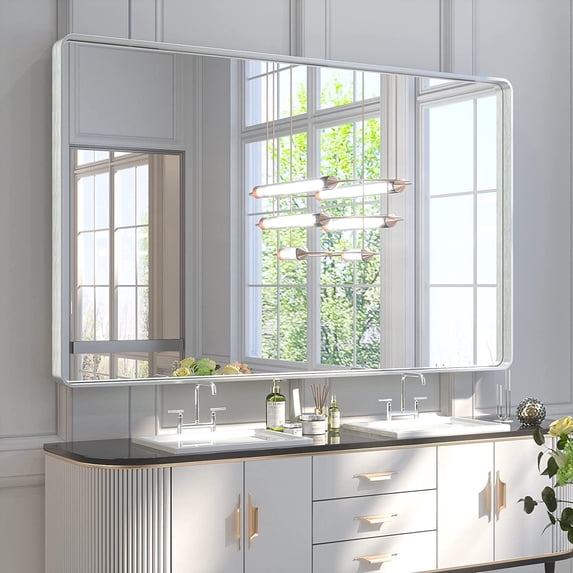 Keonjinn 60 x 36 inch Brushed Nickel Bathroom Mirror, Silver Metal Frame Rectangle Mirror, Over Sink Modern Wall Mount Mirror(Horizontal/Vertical)