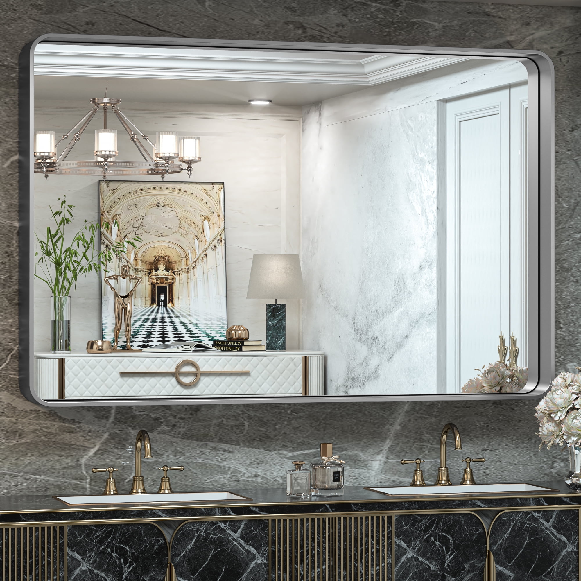 Keonjinn 60 x 36 inch Brushed Silver Bathroom Mirror for Wall Brushed Nickel Metal Frame Modern ...