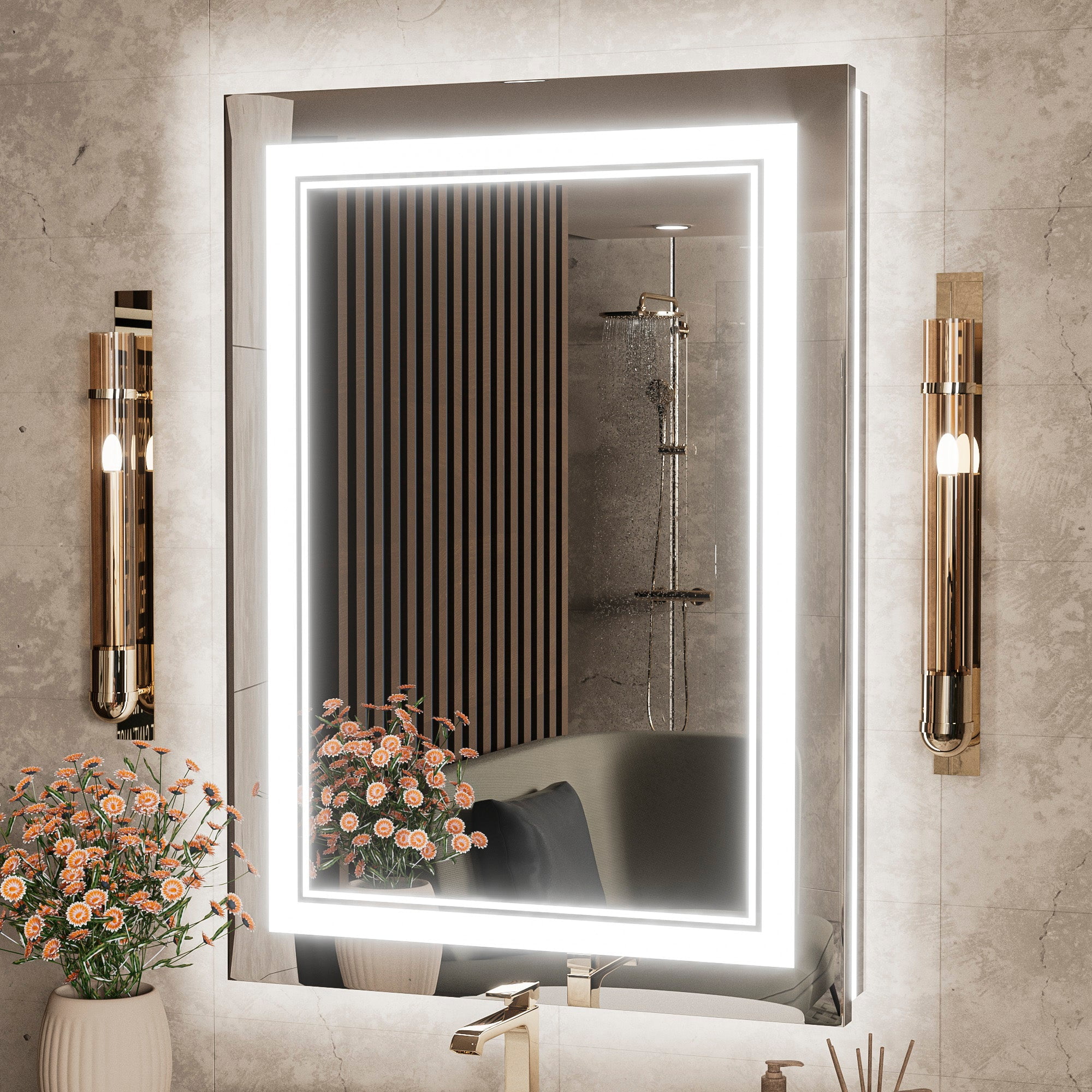 Keonjinn Bathroom LED Mirror 28x20 inch Front Light Backlit Vanity Mirror  with Double Light Strip 3 Colors CRI 90+ Anti-Fog, Rectangle Wall Mount  Makeup Mirror for Modern Bathroom Decor - Walmart.com, image size:2000x2000