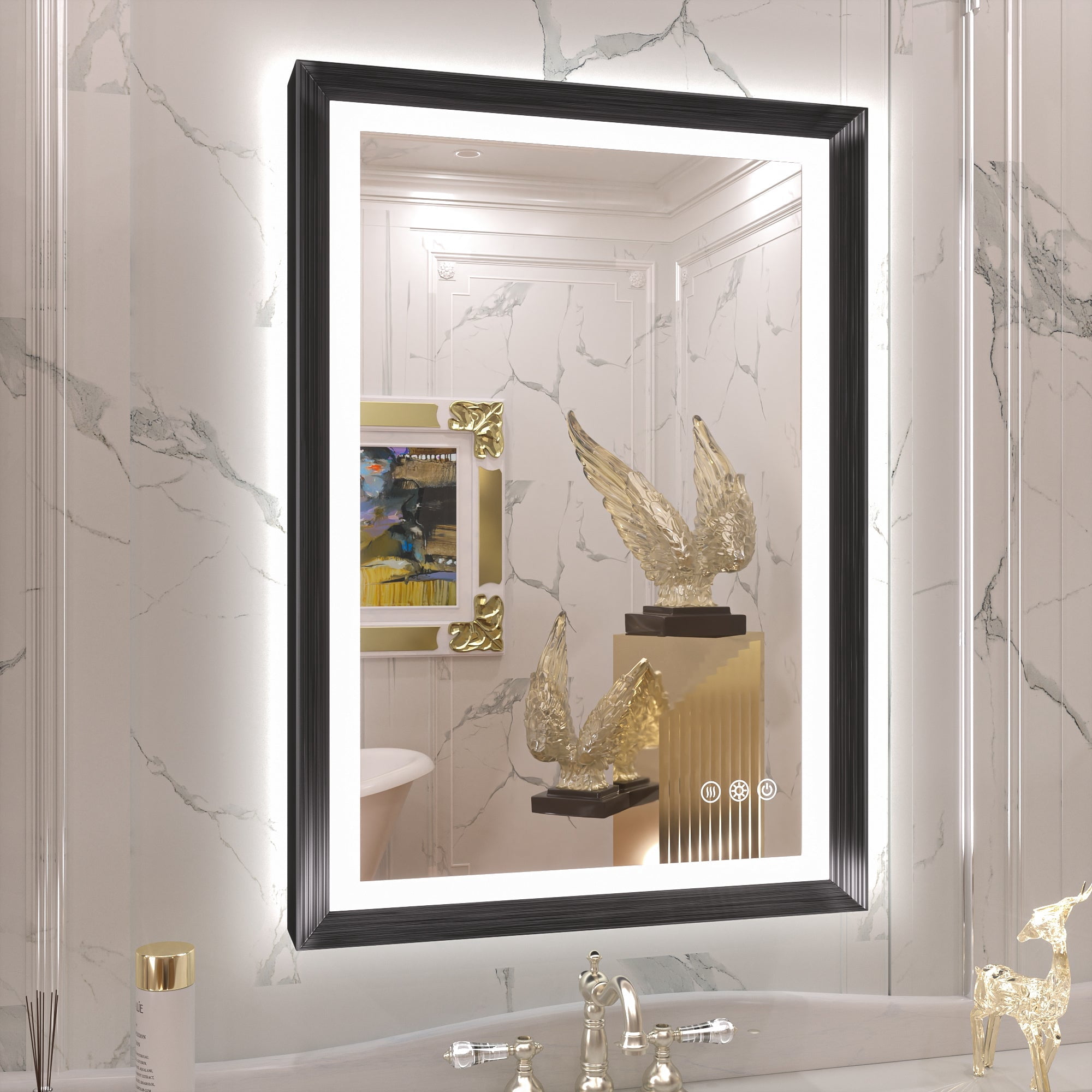 Keonjinn Black LED Vanity Mirror with Lights 24x36 inch Front Light and Backlit Bathroom Framed ...