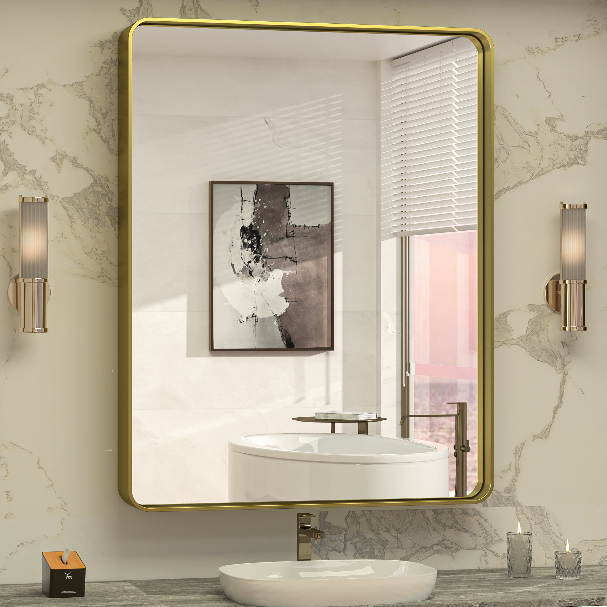 Keonjinn Brass Gold Bathroom Mirror for Wall 36 x 30 inch Brushed Metal ...
