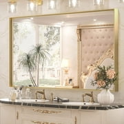 Keonjinn Brass Gold Vanity Mirror for Bathroom, 48” x 30” Large Metal Frame Mirror, Modern Wall Mounted Mirror(Horizontal/Vertical)
