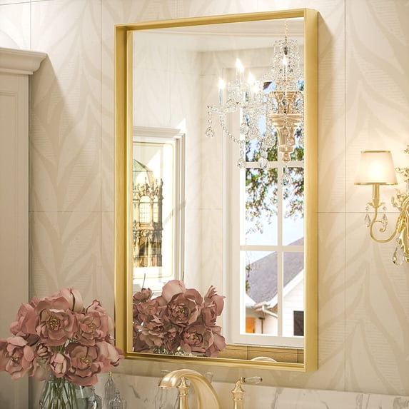 Keonjinn Brushed Gold Vanity Mirror, 24 x 36 inch Metal Framed Rectangular Mirror for Bathroom, Modern Vanity Mirror Wall-Mounted