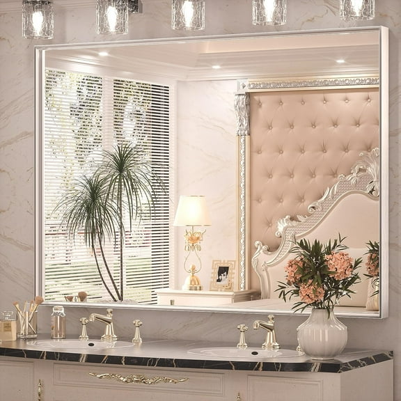 Keonjinn Brushed Nickel Vanity Mirror 48” x 36” Large Rectangle Mirror Wall Mounted Mirror, Silver Modern Frame Metal Mirror(Horizontal/Vertical)
