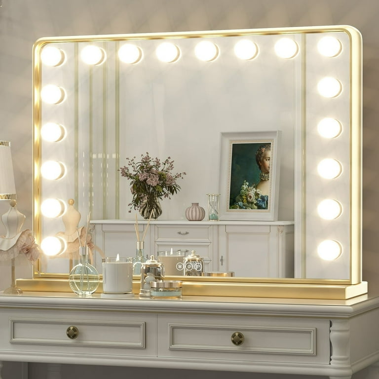 Keonjinn Gold Vanity Mirror with Lights 15 Replaceable Bulbs Hollywood Makeup Mirror 3 Color Lights Modern Rectangle Metal Frame Mirror Wall Mounted Tabletop 23 x 18 Large Lighted Mirror Walmart