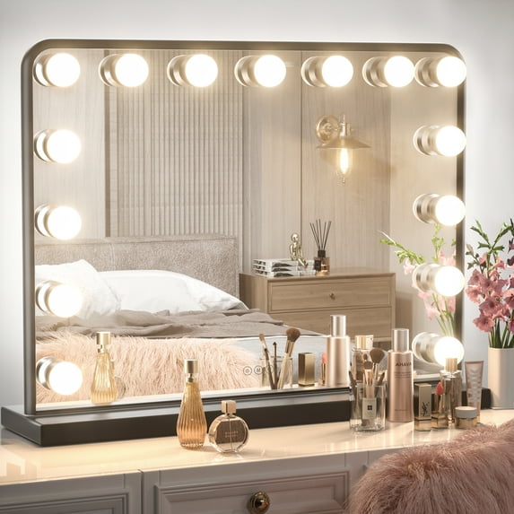 Keonjinn Hollywood Makeup Mirror Black Vanity Mirror with Lights, 32"x24" Large Bedroom Makeup Mirror with Lights 15 Replaceable LED Bulbs Dimmable 3 Color Lighting Modes