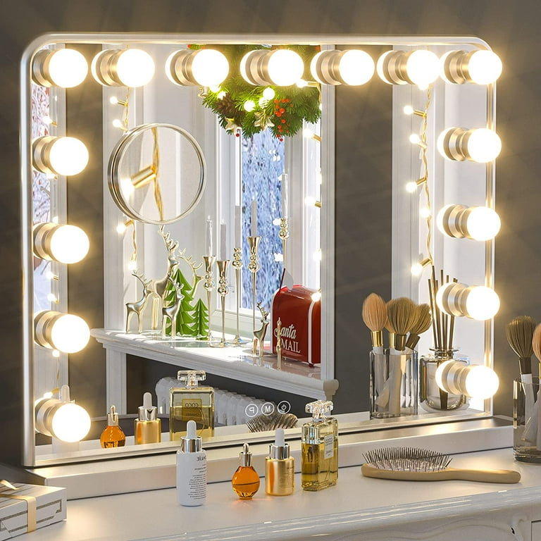 Keonjinn Large Vanity Mirror with Lights, 15 Replaceable Bulbs Hollywood  Makeup Mirror with 2 Replacement Bulbs, 3-Color Lights, Aluminum Metal  Frame