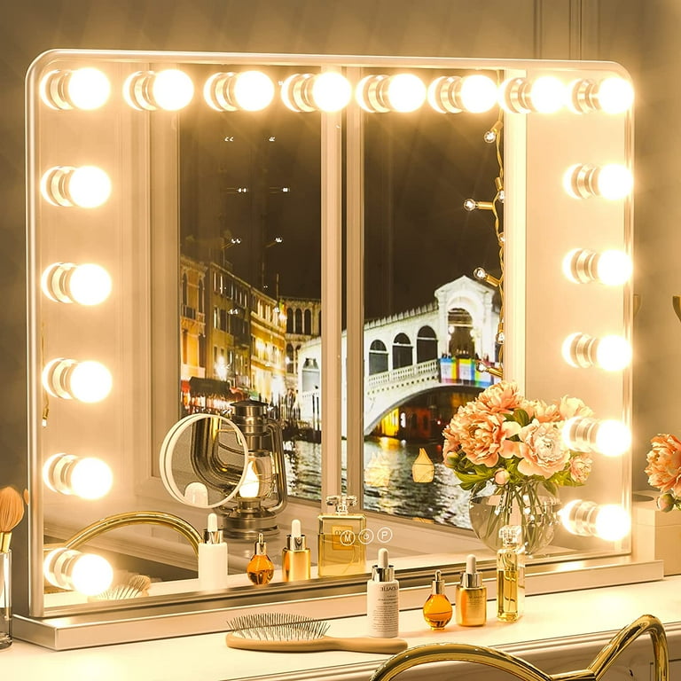 Keonjinn Hollywood Makeup Mirror Vanity Mirror with Lights 32 inchx24 inch Large Bedroom Makeup Mirror with Lights 15 Replaceable LED Bulbs Dimmable