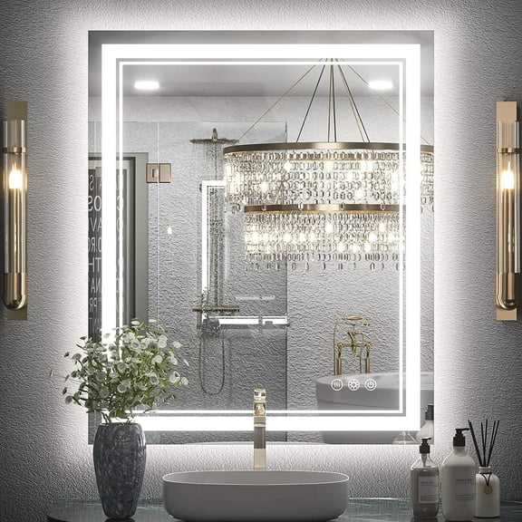 Keonjinn LED Bathroom Mirror with Frontlit and Backlit 30'' x 36'', Stepless 3 Colors Temperature & Dimmable LED Wall Mount Mirror, Modern Rectangle Anti-fog Mirror