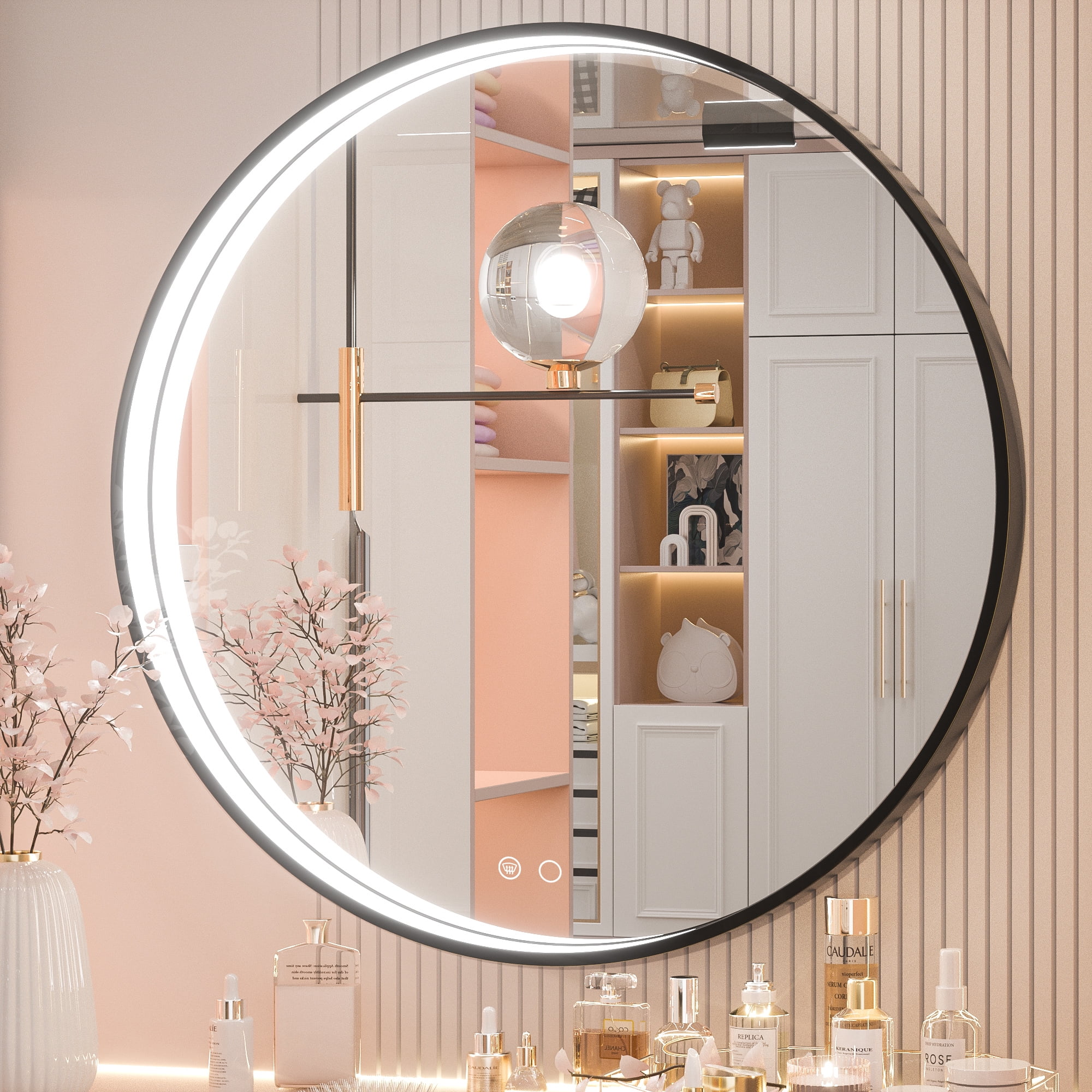Keonjinn LED Round Mirror, 24 inch Metal Framed Round Lighted Bathroom