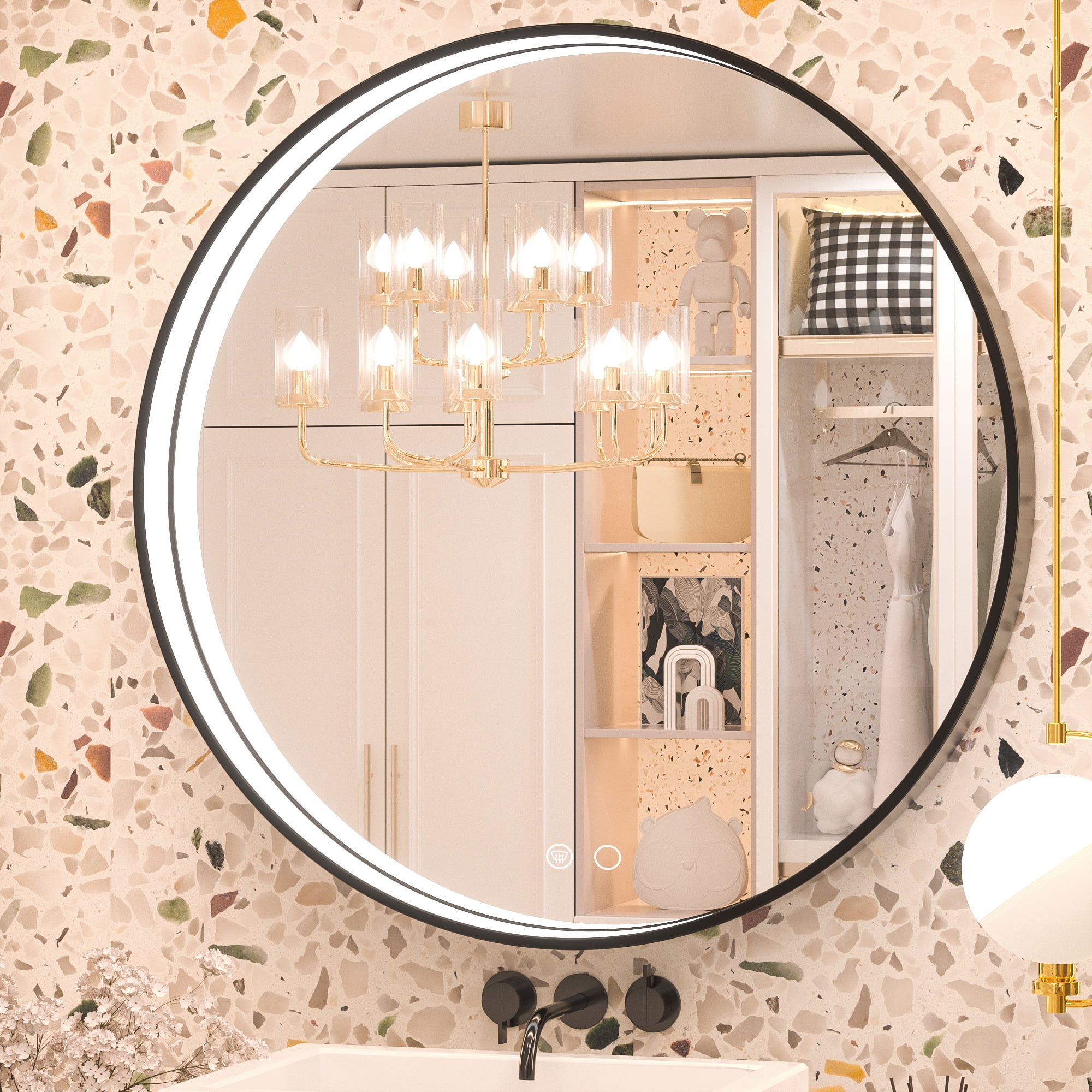 Keonjinn LED Round Mirror, 28 inch Metal Framed Round Lighted Bathroom ...