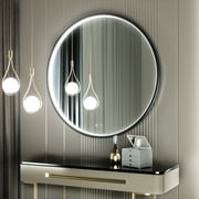 Keonjinn LED Round Mirror 32 inch, Metal Framed Round Lighted Bathroom Mirror, Black Frontlit Circle Vanity Mirror with Lights, Wall Mounted Dimmable Anti-Fog Makeup Mirror for Bedroom, 6000K CRI 90+