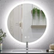 Keonjinn LED Round Vanity Mirror 24 inch LED Front Lights Mirror Bathroom Lighted Mirror Dimmable Circle Mirror with Lights Wall Mounted Modern Makeup Mirror Anti-Fog, CRI 90+