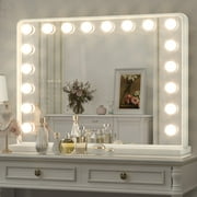Keonjinn Large Hollywood Vanity Mirror with Lights, Large LED Makeup Metal Frame Mirror with 15 Replacement Bulbs, 3 Color Lights, Rectangle Wall Mount Tabletop, 23 x 18, White