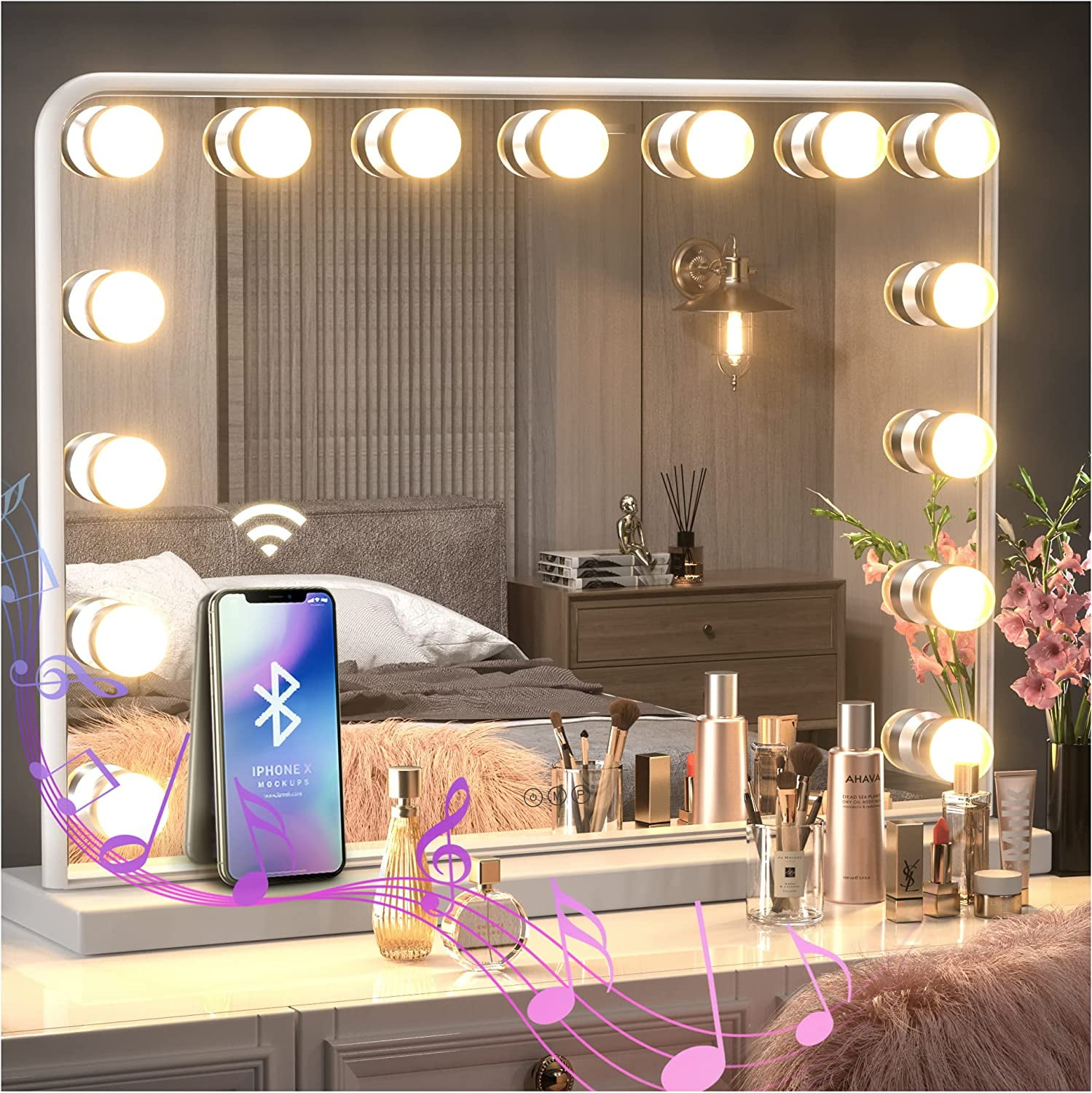 Keonjinn Large Vanity Mirror with Lights Bluetooth Speaker