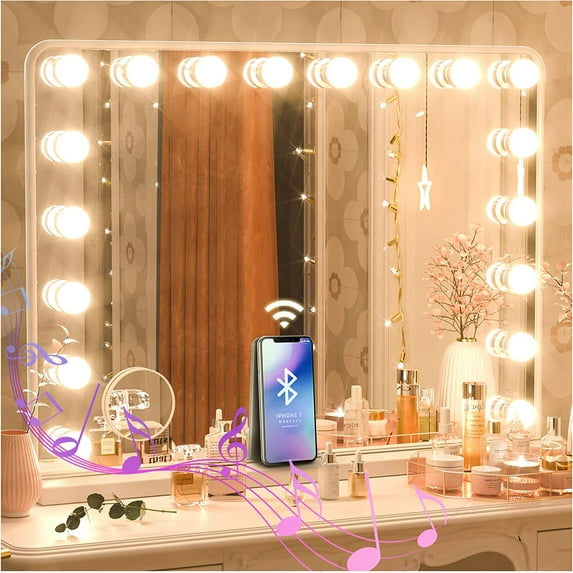Keonjinn Large Vanity Mirror with Lights Bluetooth Speaker Hollywood Makeup Vanity Mirror with 15 Replaceable LED Bulbs, 10X Magnification, Tabletop Wall-Mounted 32"x24" White