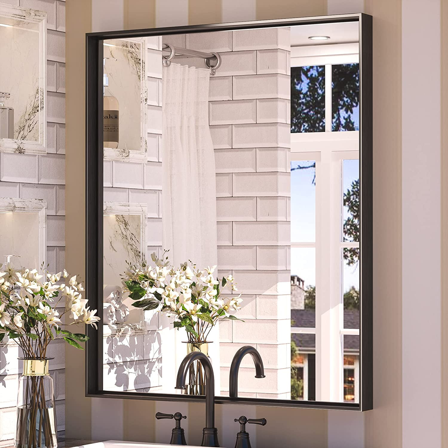 Keonjinn Metal Black Bathroom Mirror 30 x 36 inch Frame Rectangle Black