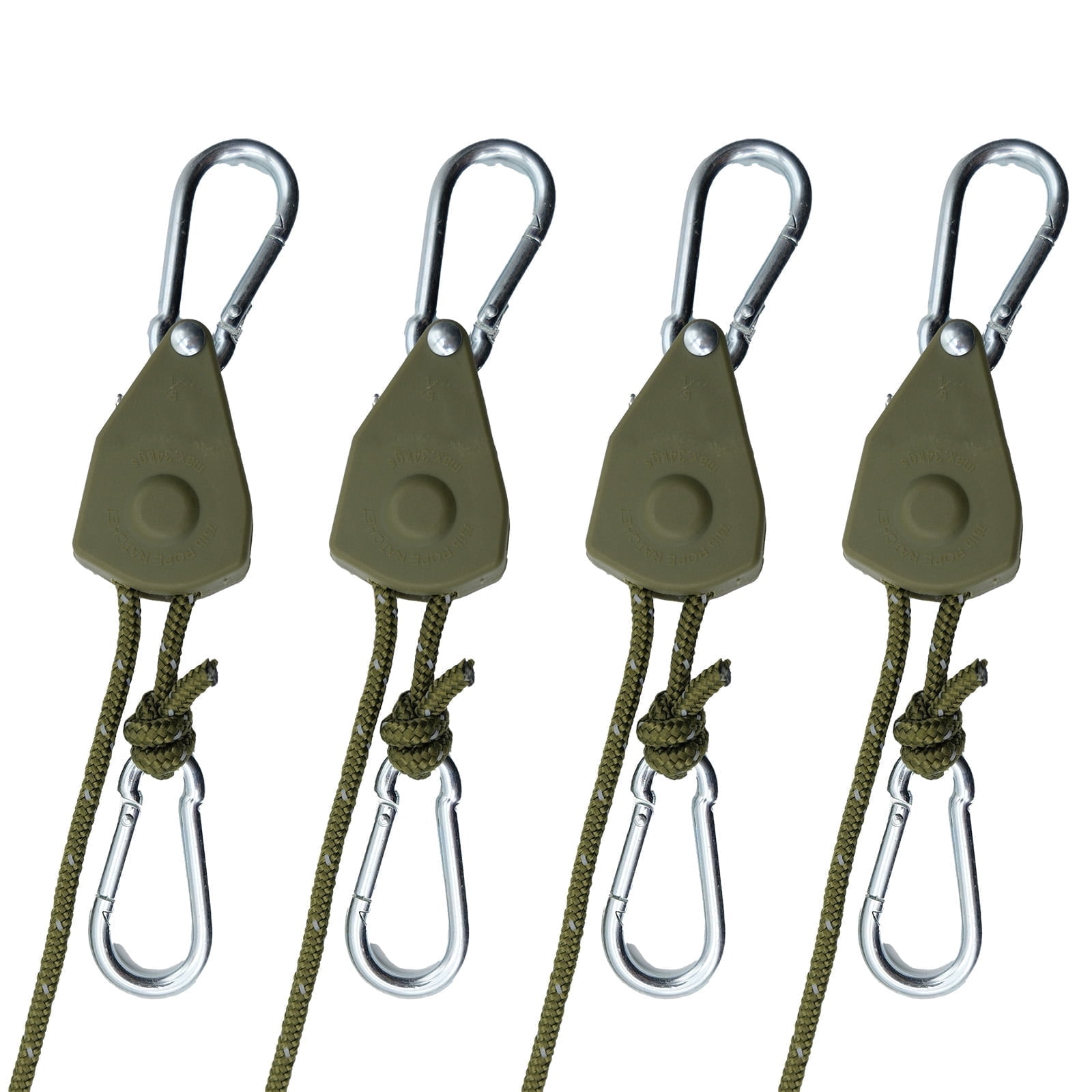 Keovoker Correas de trinquete retráctiles de 13 ft, paquete de 4, amarres resistentes de 75 lbs con ganchos mosquetón, verde militar