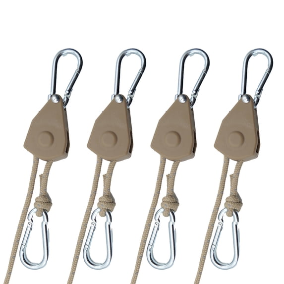 Keovoker Retractable Heavy Duty Ratchet Strapping 4-Pack, 13 ft, 75 lbs, Rope Pulley System with 2 Carabiner Hooks, and Various Tie-Down Uses, Khaki