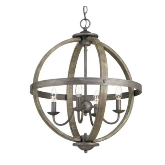 Keowee Collection 19.88 in. 4-Light Artisan Iron Orb Chandelier, Elm Wood Accents