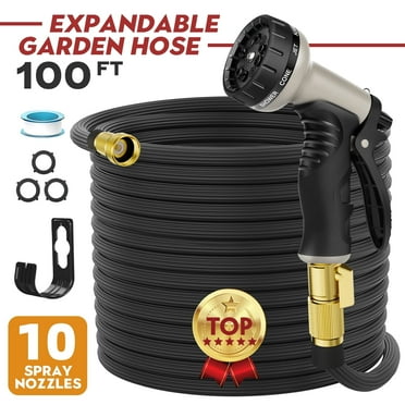 Kepagard 100 ft Expandable Garden Hose,Green,Water Hose for Outside with 10 Spray Nozzles,Hose Holder,Multi-Purpose Anti-Rust Solid Brass Connector,Leak-Proof Design,Black