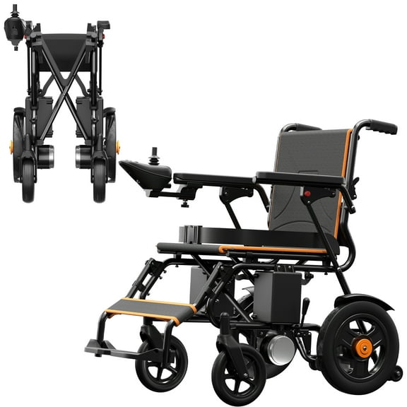 AMZFUN Folding Electric Wheelchair, 20+ Long Miles Range ,Elderly Friendly Lightwight Electric Wheelchair with Joystick, 300Lbs Capacity For All Terrain Fit, Orange
