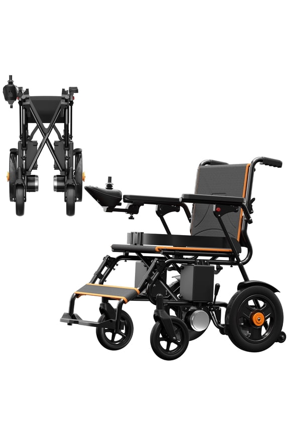 Folding Electric Wheelchair, 20+ Long Miles Range ,Elderly Friendly Lightwight Electric Wheelchair with Joystick, 300Lbs Capacity For All Terrain Fit, Orange