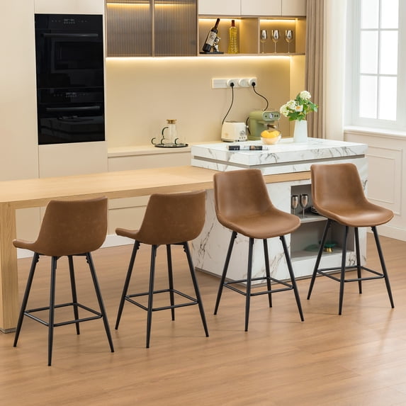 Kepane 24" Set of 4 Whiskey Brown Dining Chairs Modern Upholstered Faux Leather Armless Side Chairs with Sturdy Metal Legs, Perfect for Kitchen, Dining Room, or Small Spaces