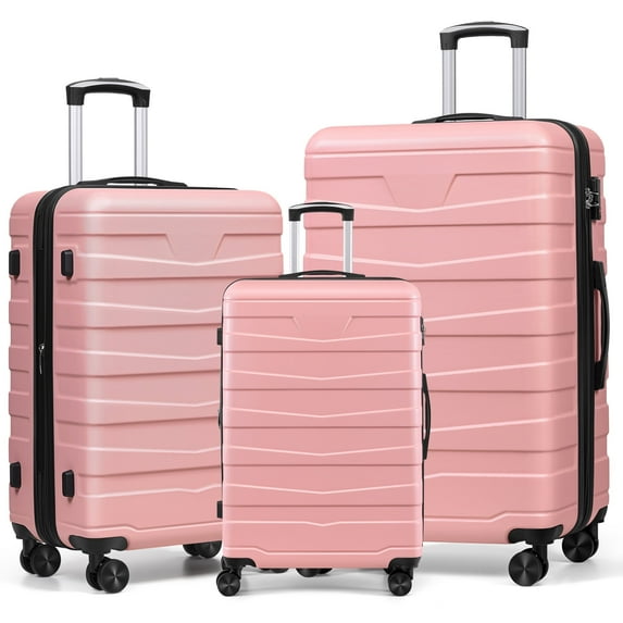 AMZFUN 3PCS Luggage Sets,PC+ABS Hardside Lightweight Suitcase with Silent Universal Wheels, TSA Lock Carry On Luggage 20/24/28 Inch,Pink