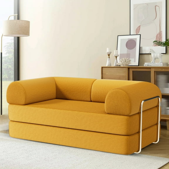 AMZFUN 63 Inch Full Size Floor Sofa, Corduroy Fabric With High Density Resilient Foam Filling, Multi-Purpose Folding Sofa for Living Room/Guest Room/Office/Apartment, Ginger