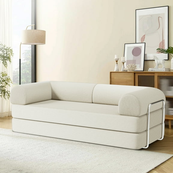 AMZFUN 78 Inch Full Size Floor Sofa, Corduroy Fabric With High Density Resilient Foam Filling, Multi-Purpose Folding Sofa for Living Room/Guest Room/Office/Apartment, Beige