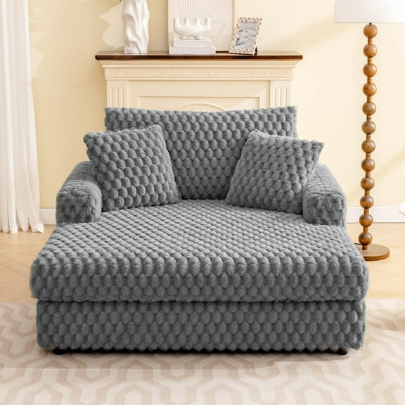 AMZFUN Oversized Chaise Lounge Chair, 53"W Upholstered Corduroy Sofa with 2 Pillows, No Assembly Modern Deep Seat, Comfy For Living Room, Gray